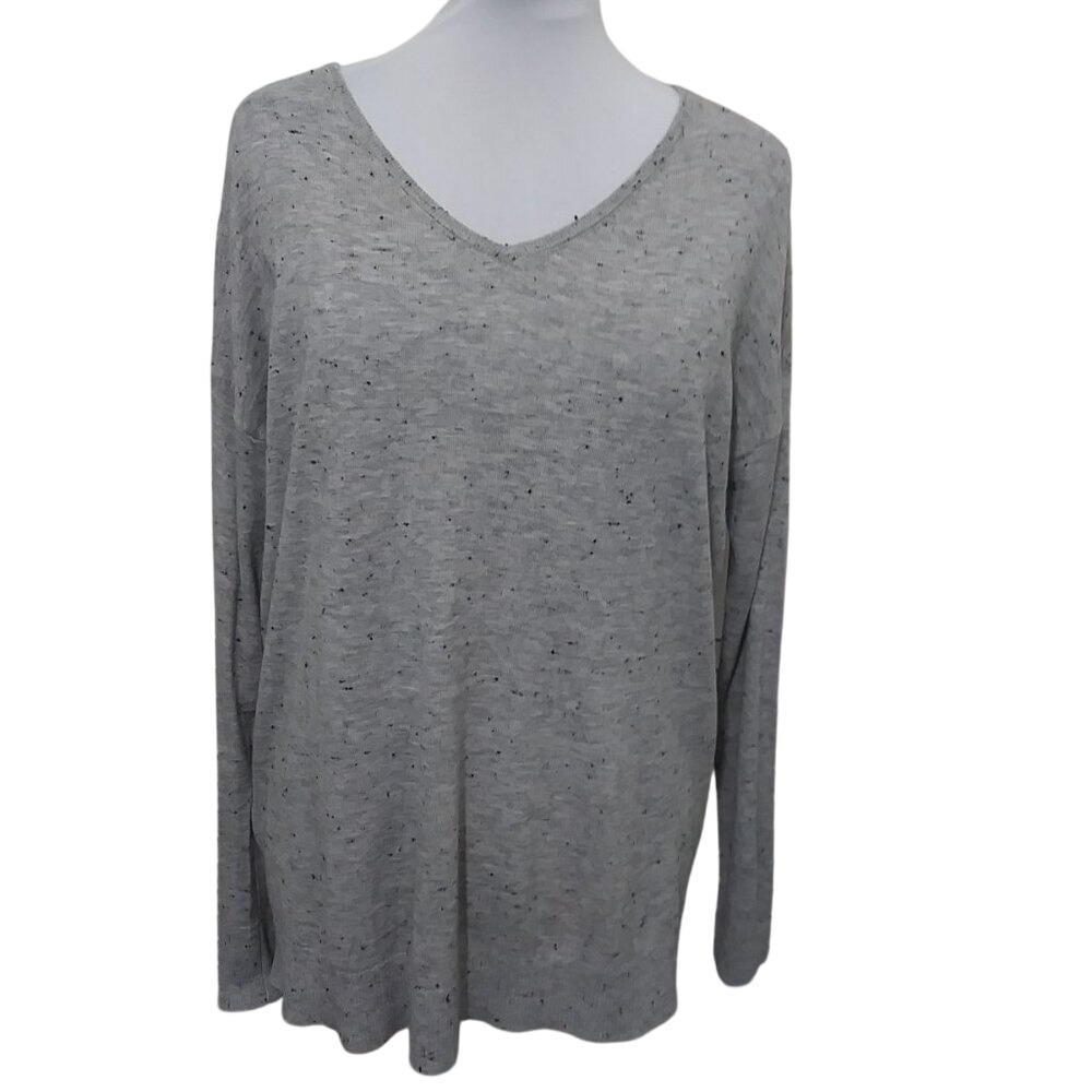 Lou & Grey Gray Speckled‎ V-Neck Sweater Relaxed Fit Back Slit Small